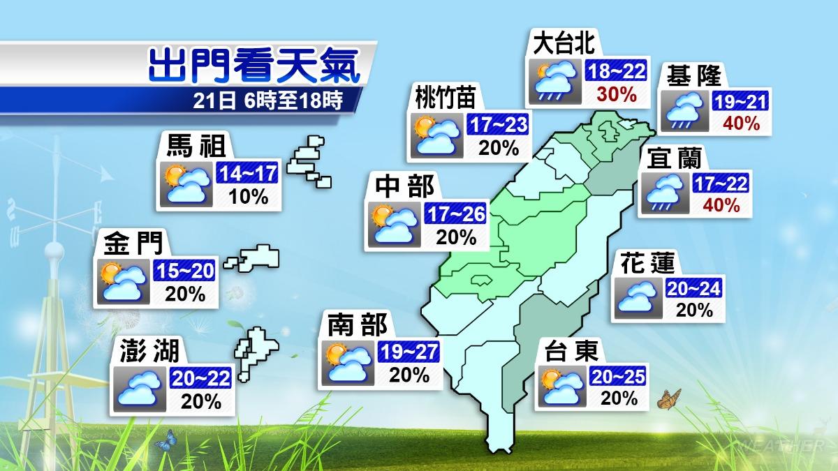 21日天氣預報。（圖／氣象署）
