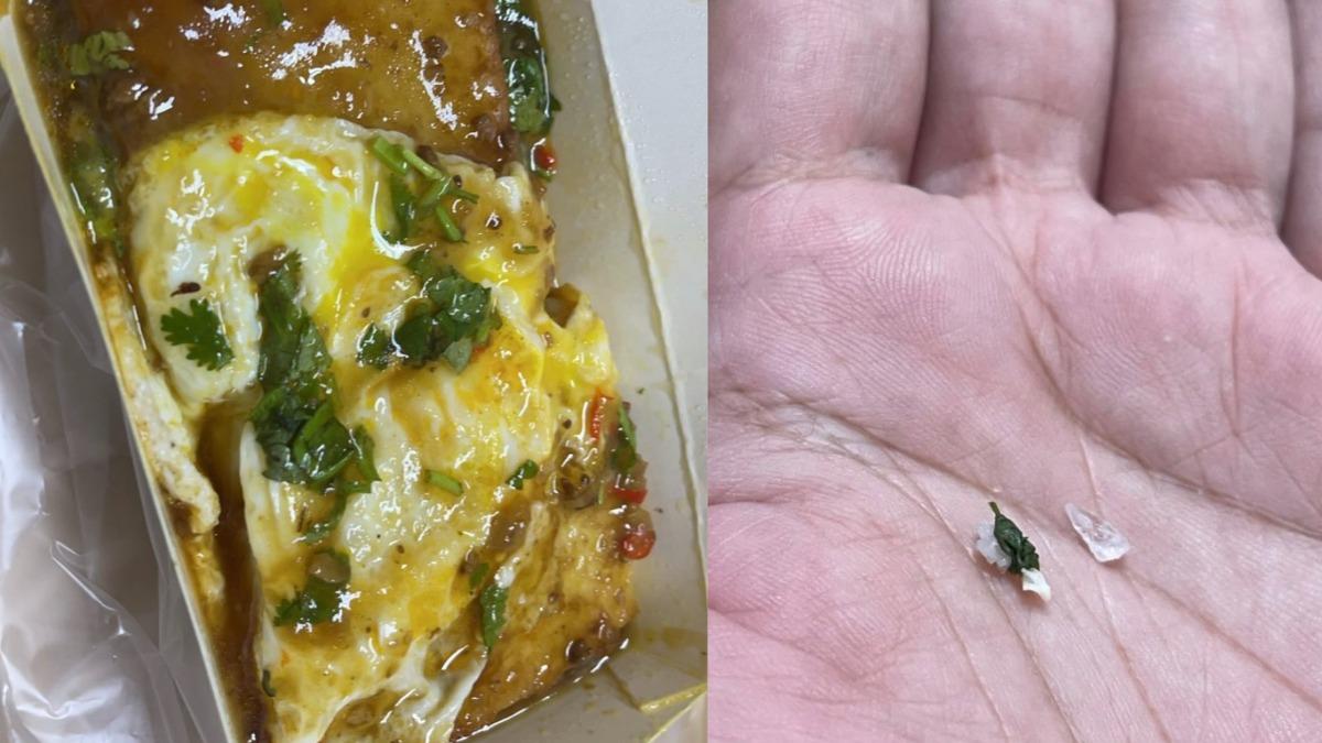 顧客上網爆料吃到加料菜頭粿,吐出來竟是玻璃碎物。(圖/翻攝Threads)