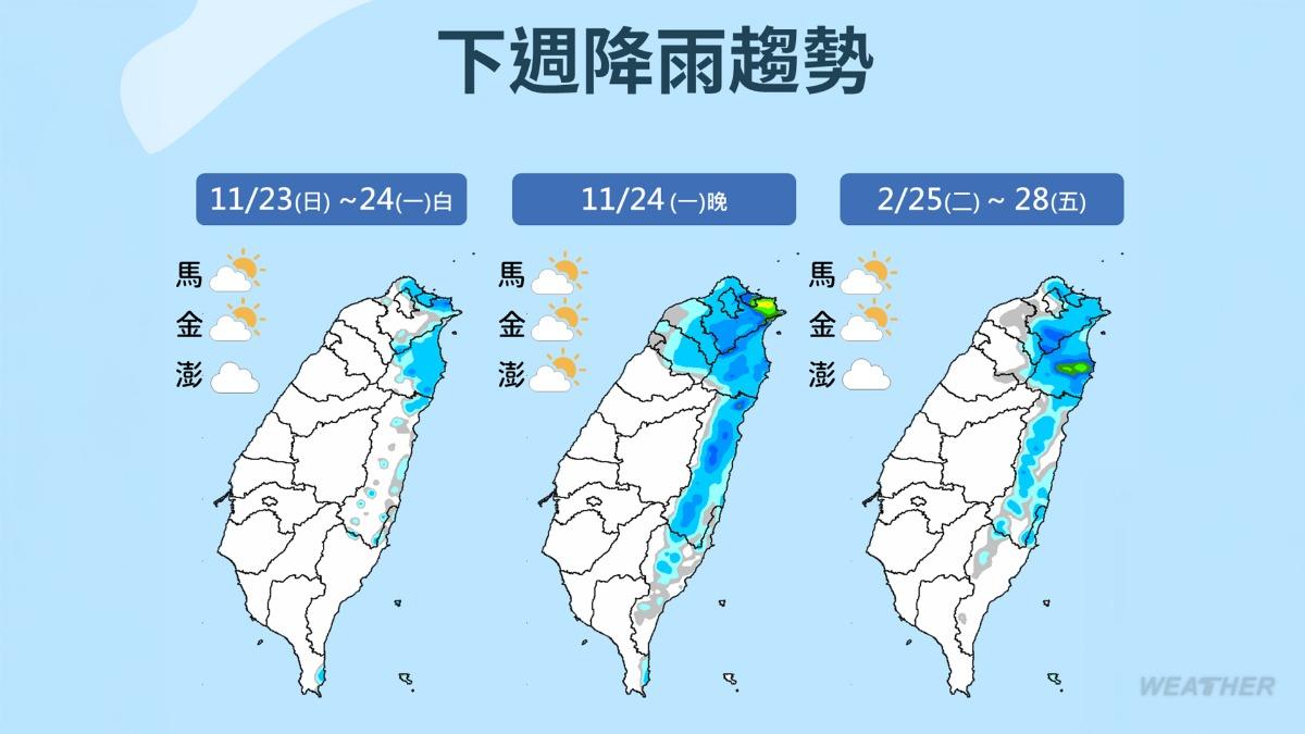 下週一(24日)北部及東半部又將轉為有雨的天氣型態。(圖/TVBS)