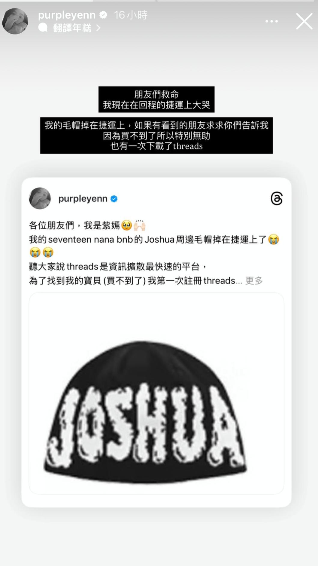 李紫嫣遺失毛帽。(圖/翻攝自李紫嫣IG)