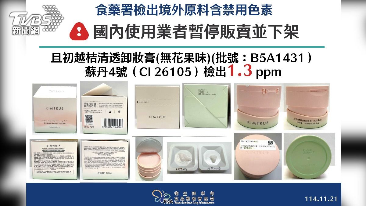 大陸製的「且初越桔清透卸妝膏(無花果味)」含有蘇丹色素。(圖/食藥署提供)