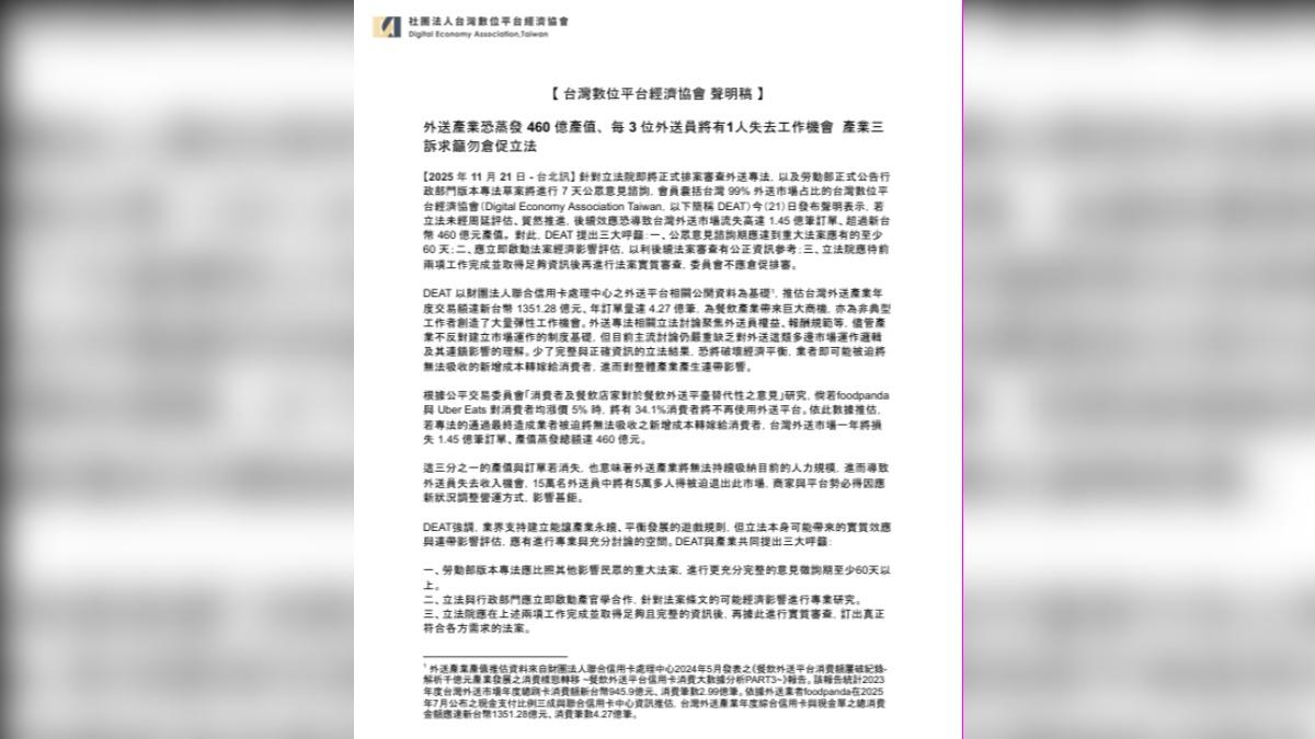 台灣數位平台經濟協會示警專法應審慎評估,否則會對產業帶來相當大的衝擊。(圖/台灣數位平台經濟協會)