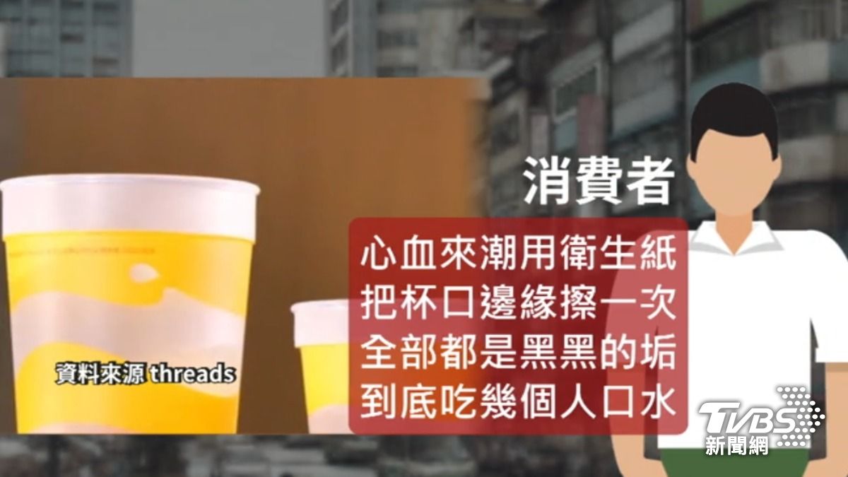 有消費者抱怨,去連鎖速食店用衛生紙擦杯口邊緣,發現都是黑垢。(圖/TVBS)