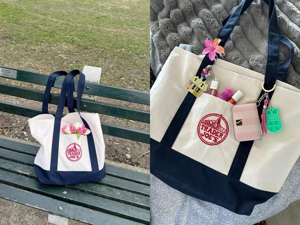 Trader Joe’s 韓國最夯顏色:藍白迷你帆布包。(圖/翻攝自品牌官方)