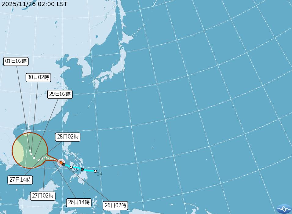 輕颱天琴於25日晚間生成，對台無直接影響。（圖／氣象署）