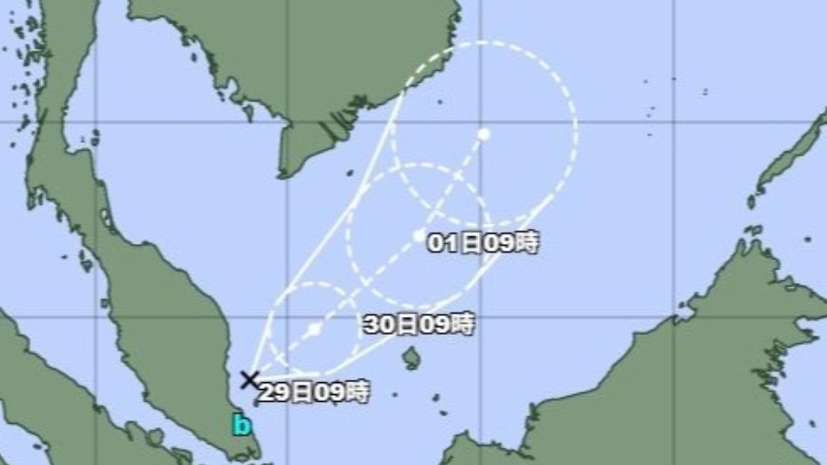 日本氣象廳發布資訊，表示馬來西亞海域生成熱帶低壓，最快 29 日上午會形成颱風。（圖／翻攝 日本氣象廳）