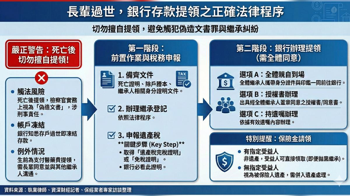 長輩過世，切勿擅自提領，避免觸犯偽照文書罪與繼承糾紛。（圖／ＡＩ生成)