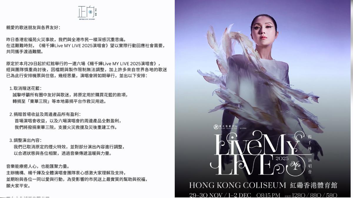 楊千嬅捐贈演唱會首場收益及周邊產品所有盈利。(圖/翻攝自righttrack_culture IG)