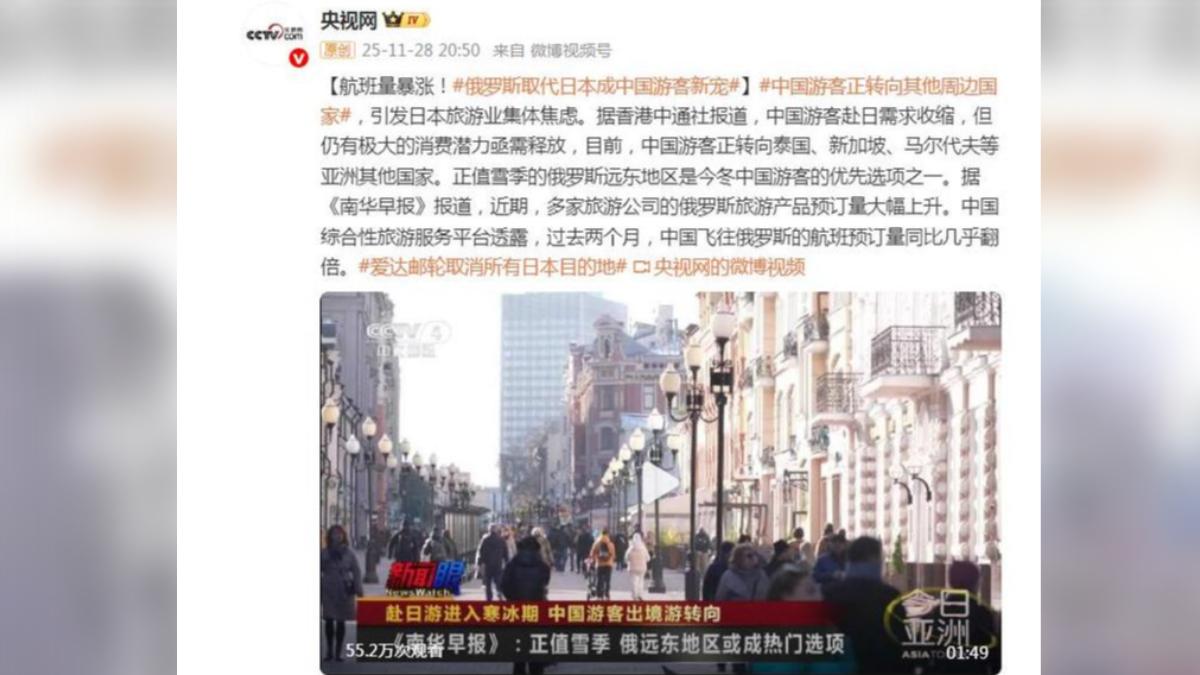 《央視網》報導「俄羅斯取代日本成中國遊客新寵」,卻遭自家中國網友打臉。(圖/翻攝極目新聞)