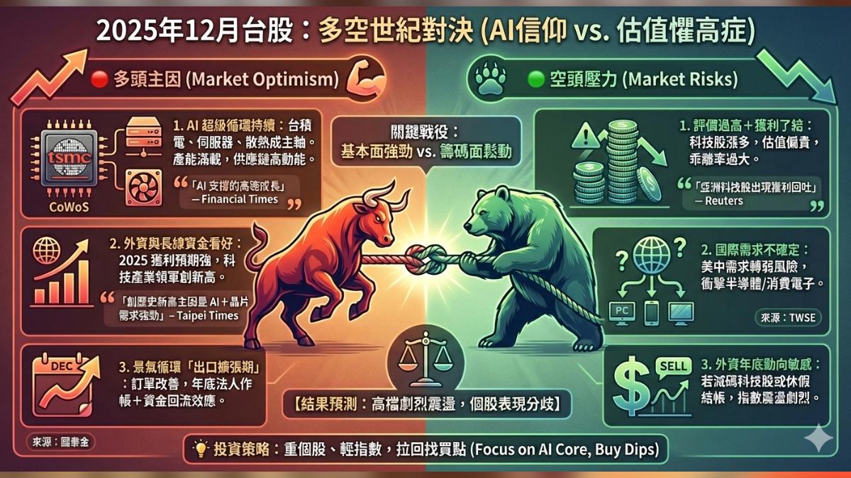 12月台股多空對決,AI信仰vs.估值懼高症。(圖/AI生成)