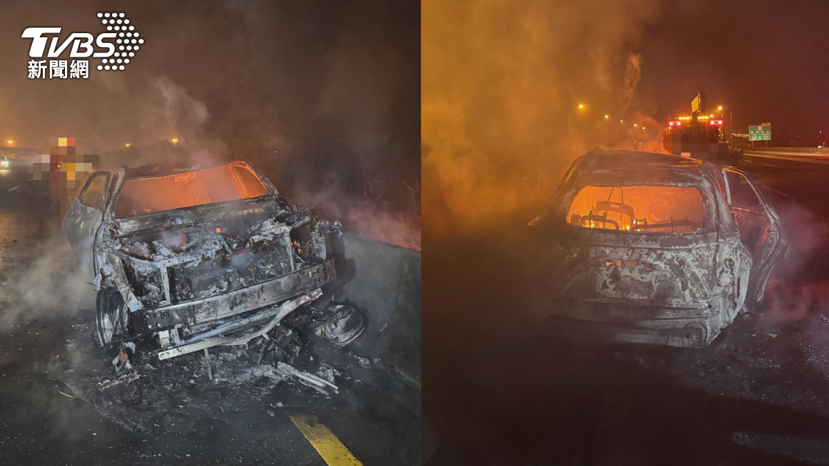 汽車被燒到焦黑,車頭底下竟卡著一部機車。(圖/TVBS)