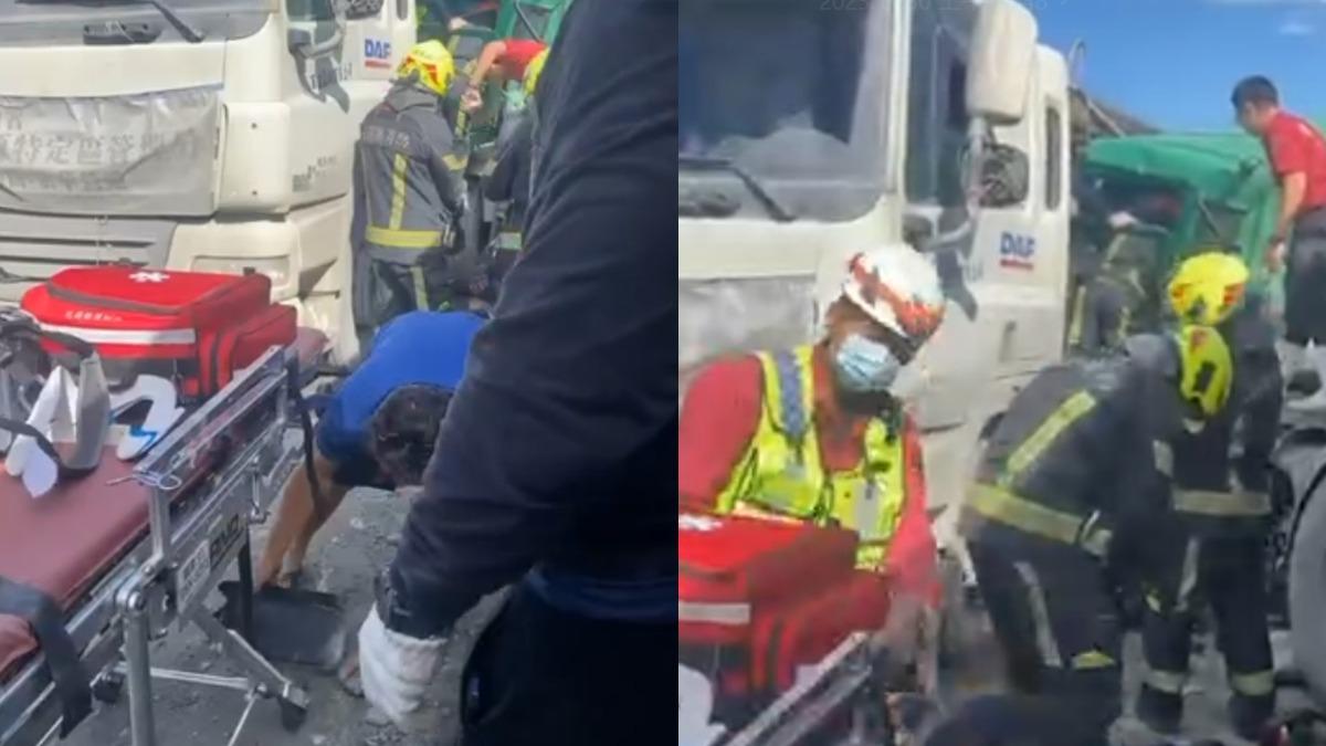 一名砂石車司機遭夾困,腳部骨折被救出。(圖/劉先生授權提供)