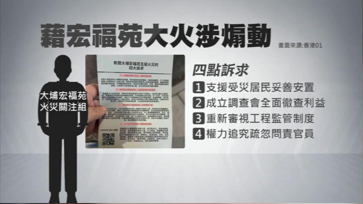 自稱火災關注組 男發4訴求撤查利益以及問責官員等。（圖片來源／香港01）