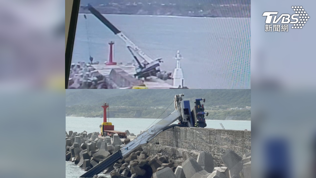 兩名工人駕駛吊車進行消波塊整治作業，過程中疑似重心不穩翻車，駕駛被夾在駕駛艙沒了生命跡象（圖／TVBS）