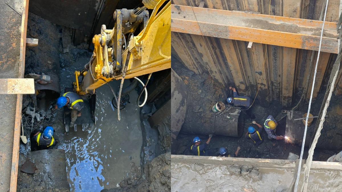 主線高架橋基樁地下自來水水管被挖破,淡水居民「沒水可用」。(圖/翻攝自工程圖輯隊-新北工務局臉書)