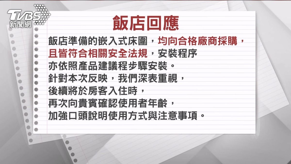 飯店回應表示床圍符合安全法規,並承諾未來會加強使用說明方式及注意事項的溝通。(圖/TVBS)
