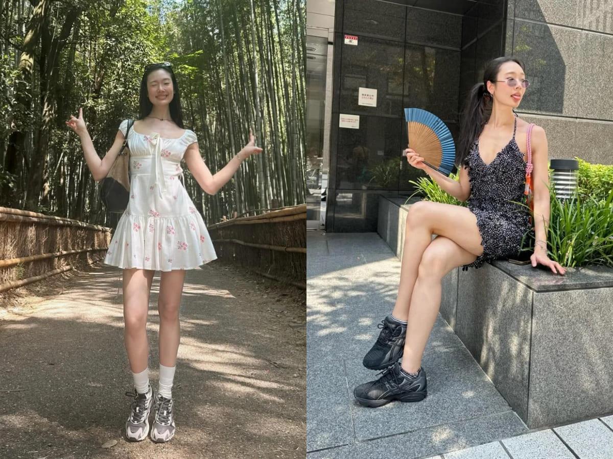 連身裙搭配球鞋也是茱蒂蒙穿搭常見的組合。(圖/翻攝自IG@aokbab)