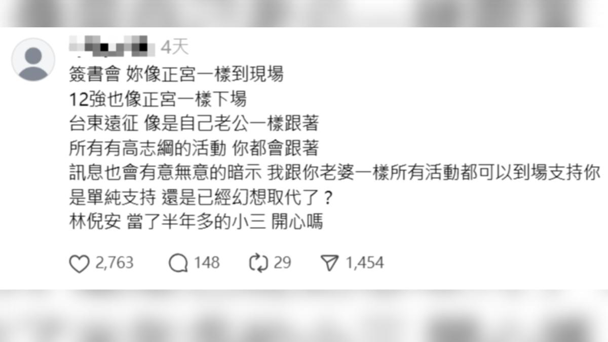 原PO控訴林倪安當小三半年。(圖/翻攝自Threads)