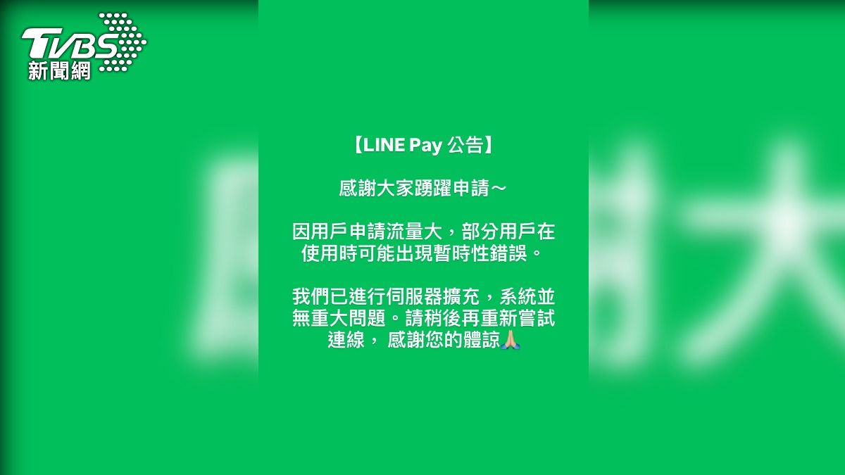 LINE Pay緊急公告,表示部分用戶出現了暫時性錯誤。(圖/TVBS)