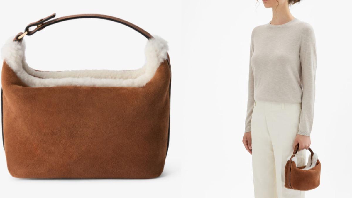 Valextra Mochi 小型手提包以 suede shearling 與 Valextra 經典 Millepunte 皮革組合。（圖／Valextra官網）