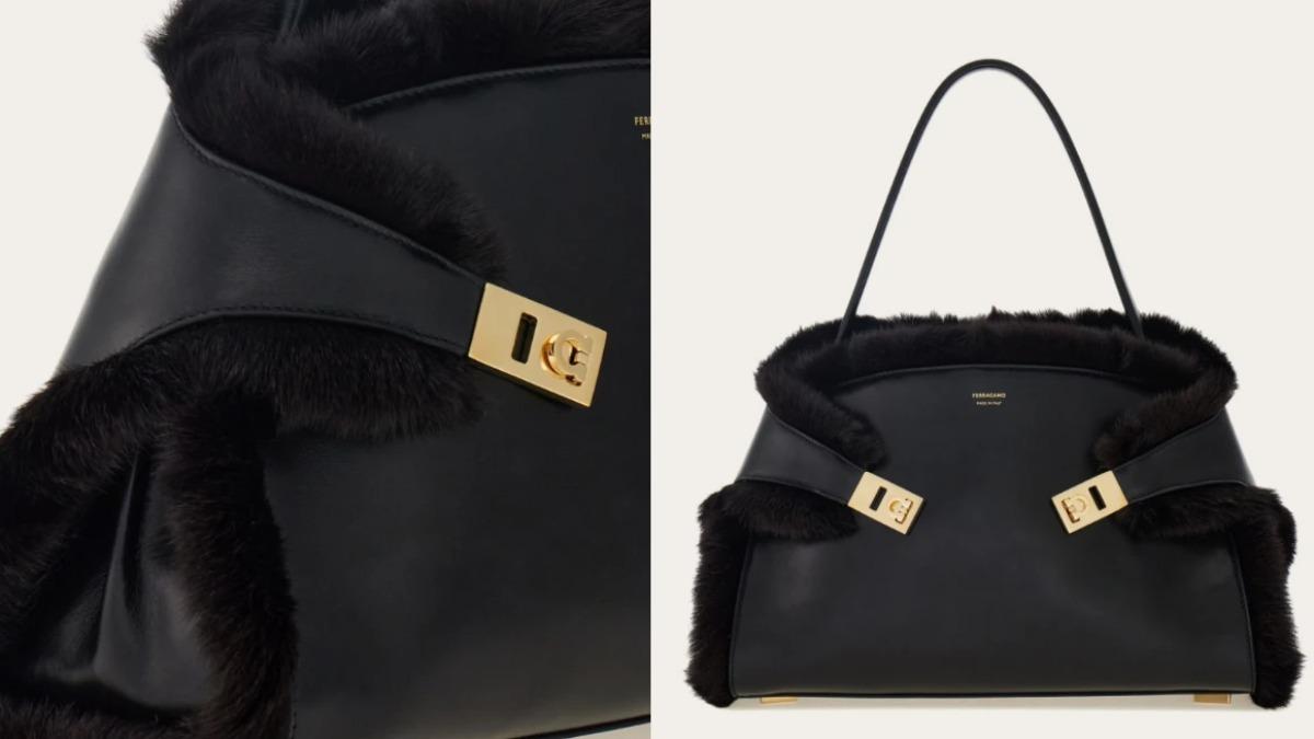 Ferragamo 經典 Hug 包推出柔軟羊皮與「mink-effect」仿皮草拼接版本。（圖／FERRAGAMO官網）