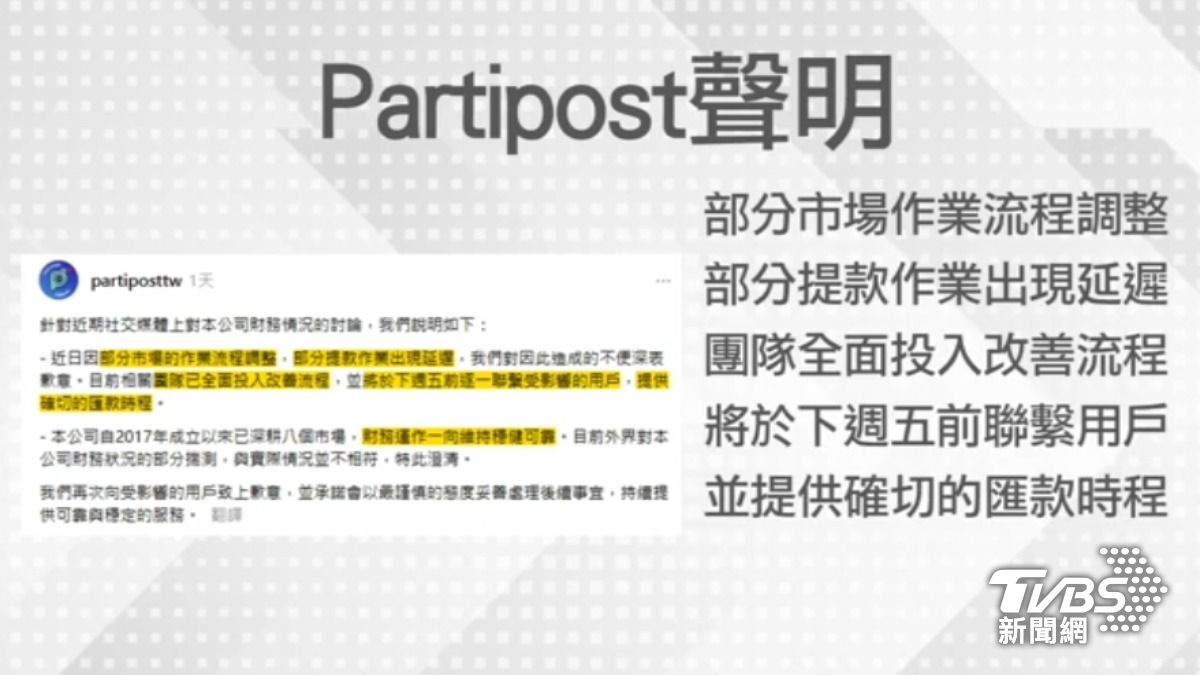 平台Partipost表示，部分提款作業出現延遲，改善中，將在12月12號提供確切匯款時程。（圖／TVBS）