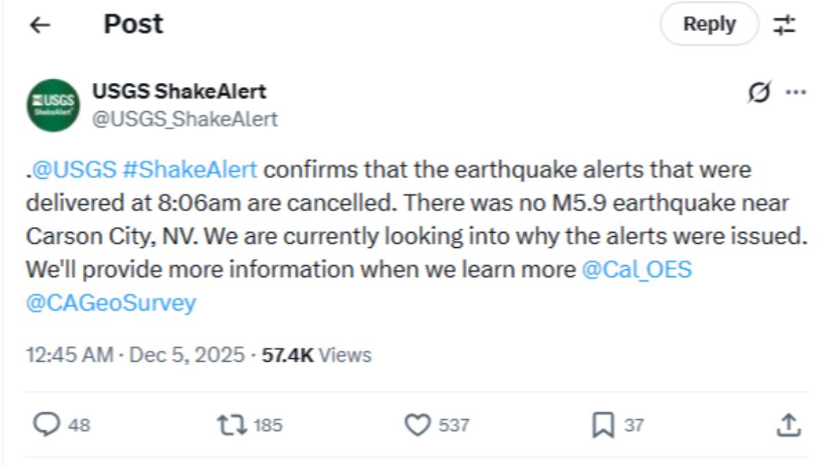 USGS誤發內華達州5.9地震警報 網狂猜原因:核試驗?