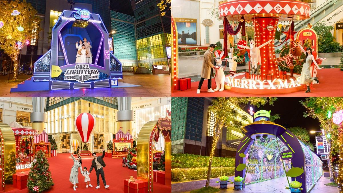 台北101今年以《玩具總動員》角色打造耶誕燈飾,總計超過30處的光影展區。(圖/翻攝自TAIPEI 101 MALL 台北 101 購物中心 fb)