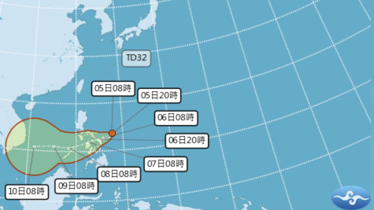 熱帶性低氣壓TD32今生成。（圖／中央氣象署）