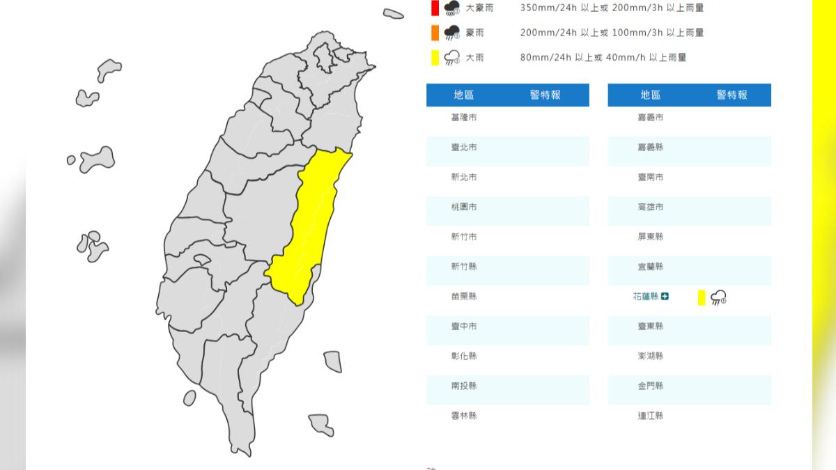 天氣/對流發展旺盛 氣象署發花蓮縣大雨特報