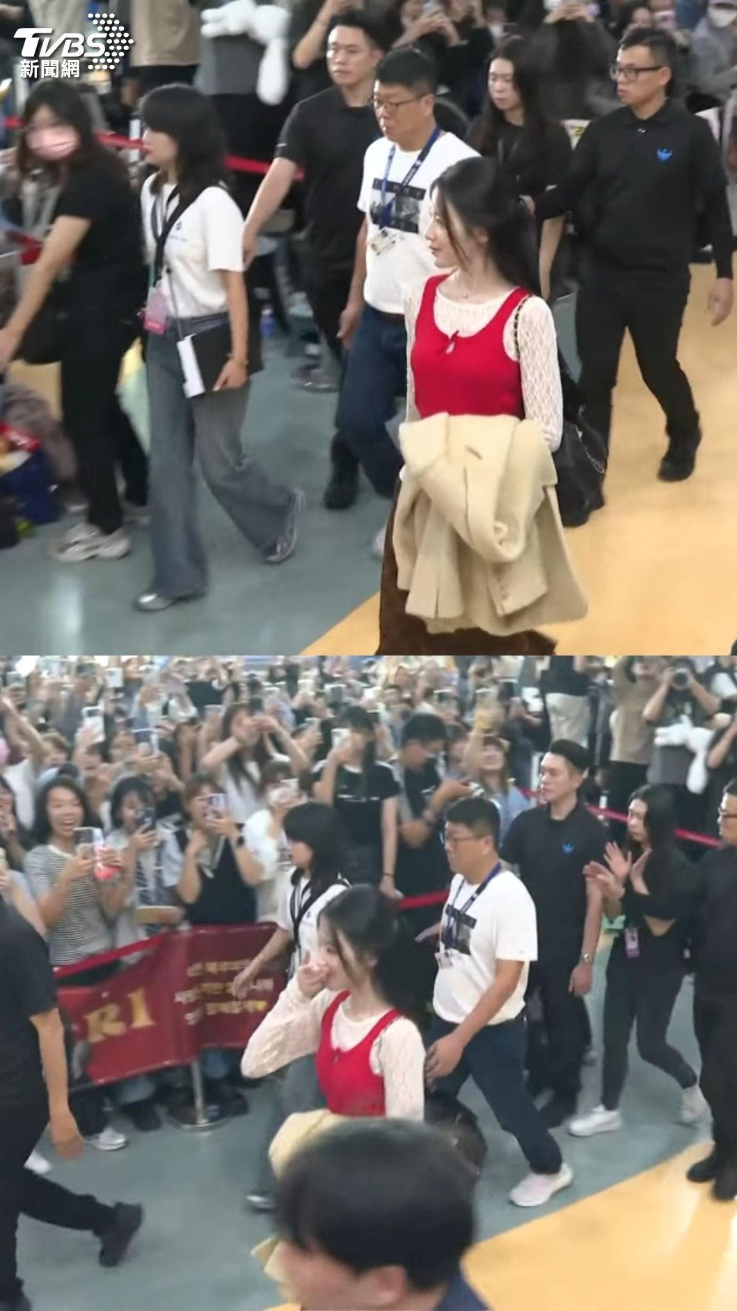 聽到粉絲大喊自己的名字,舒華不禁回頭還掩嘴偷笑。(圖/TVBS)