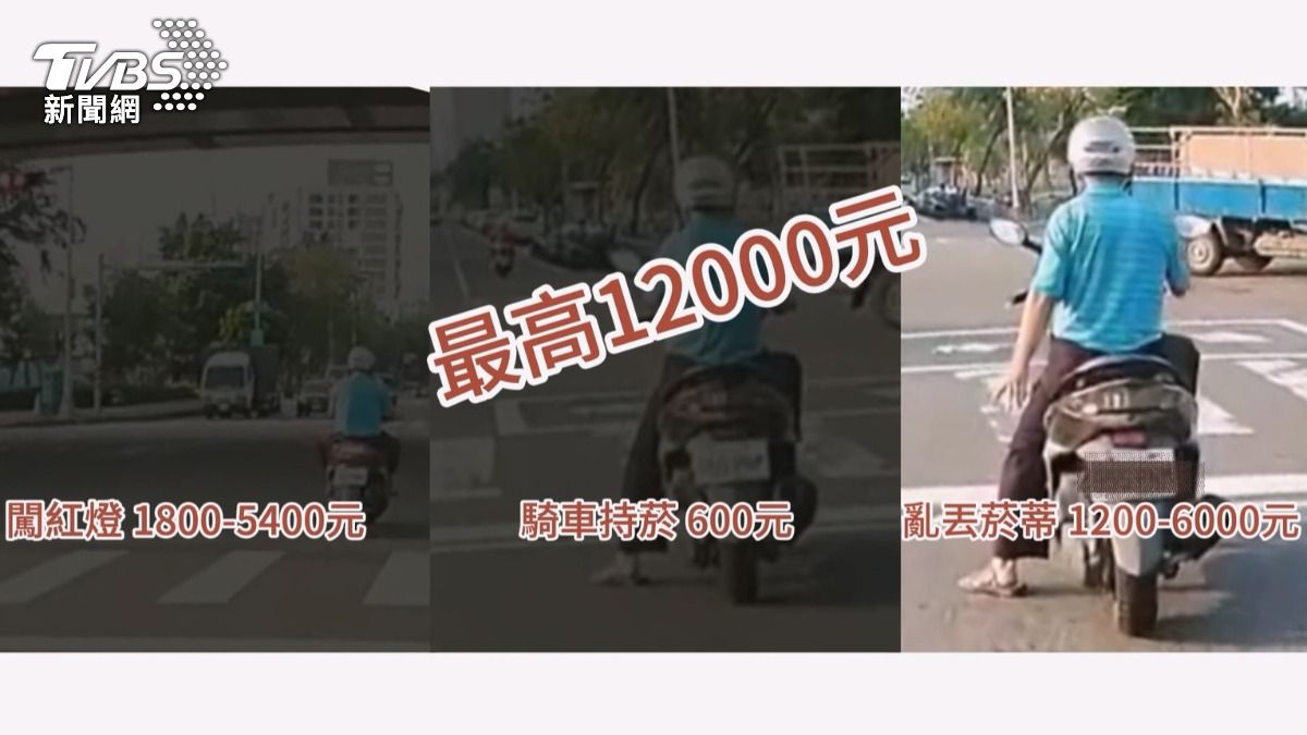 阿伯一連串的違規行為，闖紅燈、騎車時手持香菸，接著又亂丟菸蒂，最高挨罰1萬2千元（圖／TVBS）