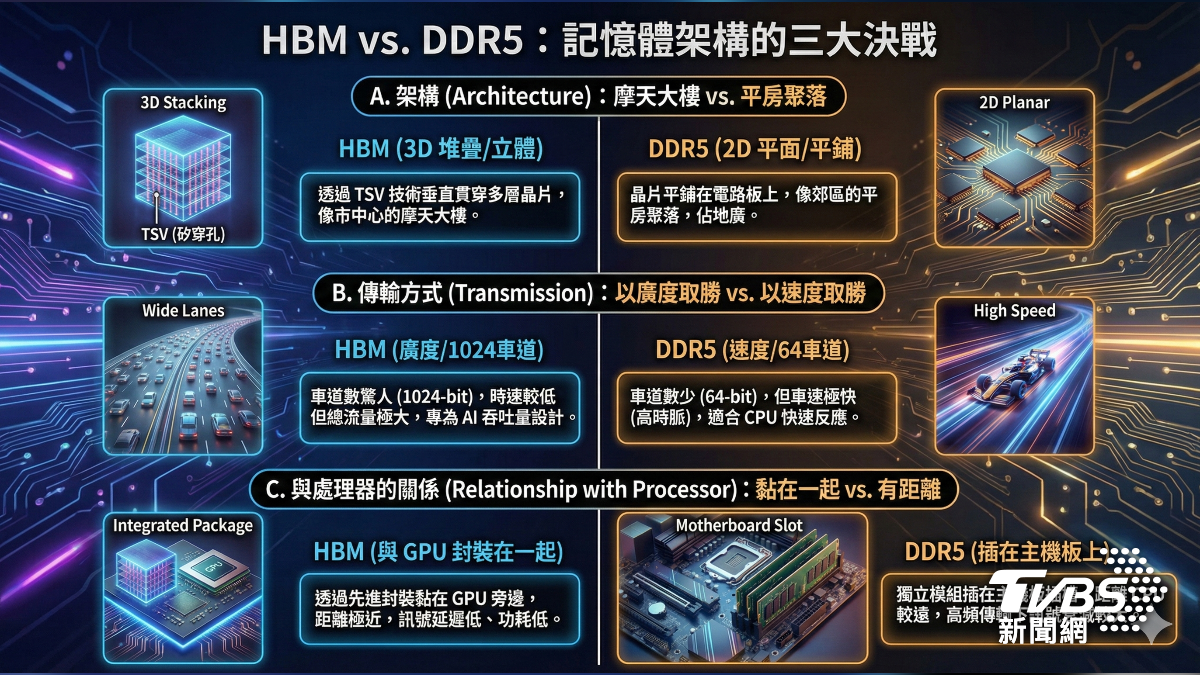 HBM vs. DDR5 記億體架構的三大決戰。(圖/AI生成)