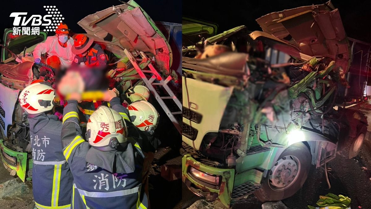 一名營業曳引車駕駛受困車內，明顯死亡。（圖／TVBS）