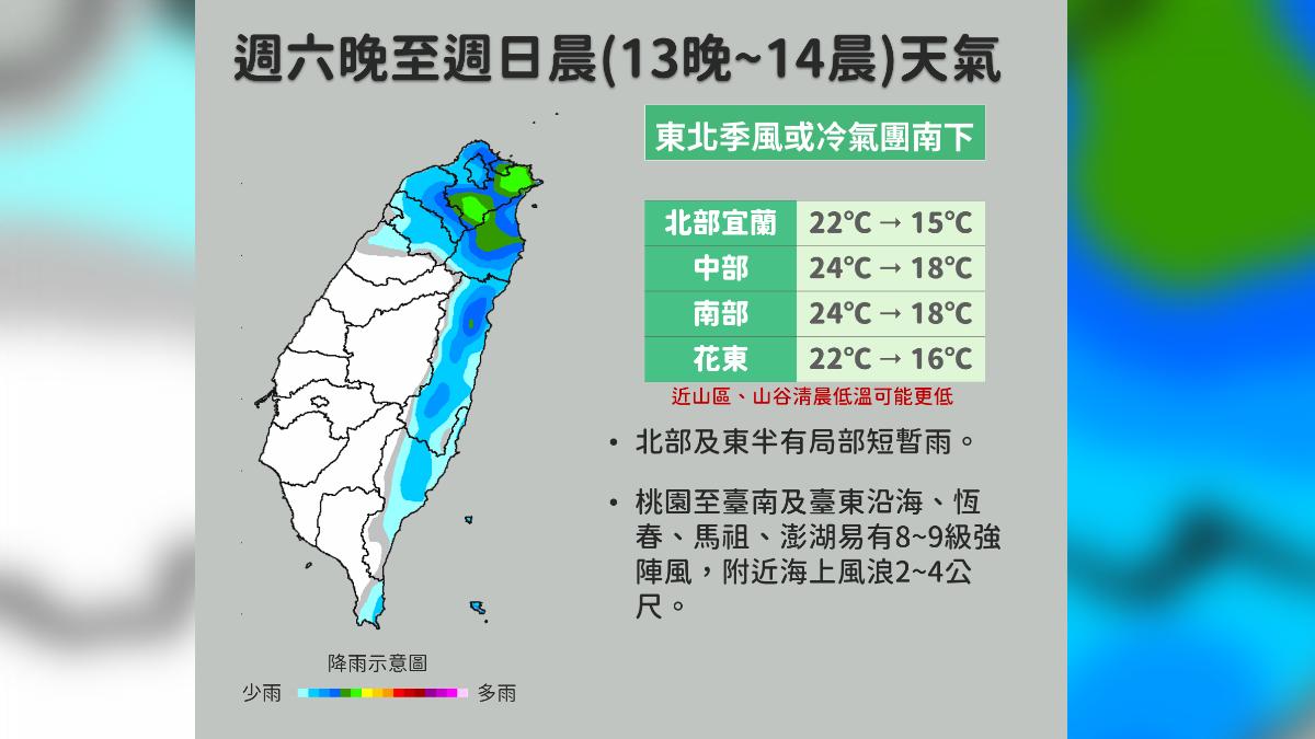 週六至週日天氣。（圖／翻攝自氣象署）