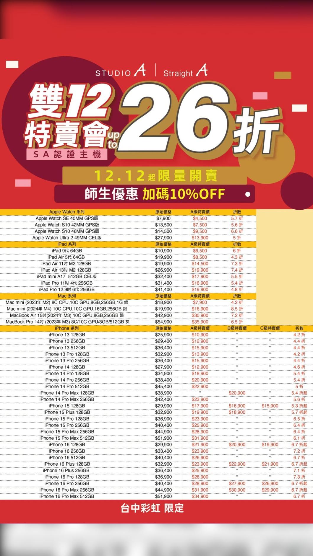 台中彩虹門市特價品清單。(圖/翻攝自STUDIO A)