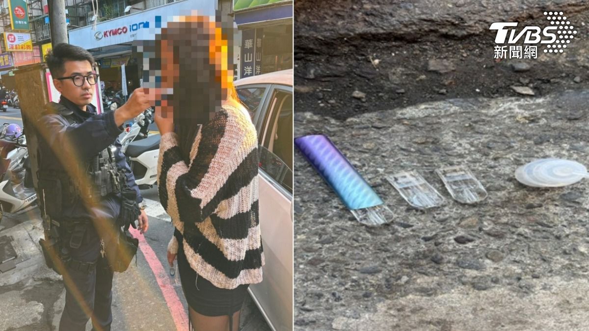 李姓男子穿著女裝被攔查，現場搜出依托咪酯煙彈、毒煙油。（圖／TVBS）