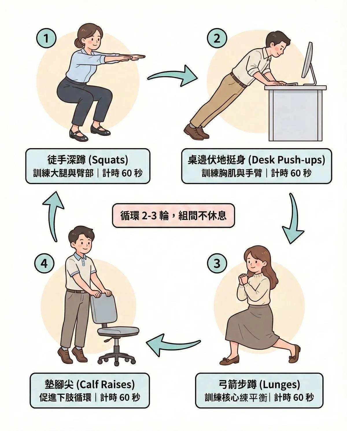 辦公室微重訓菜單5步驟。（圖／翻攝自王思恒醫師臉書）