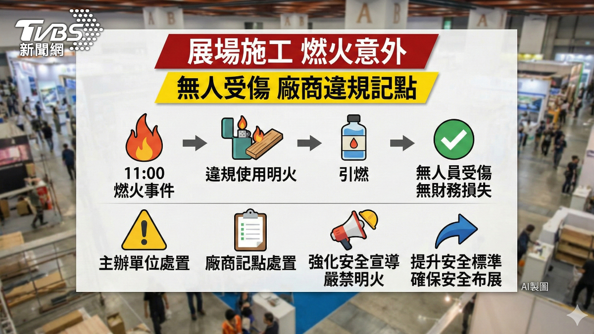 建材展開展前有火竄出,是因為有施工人員違規使用打火機。(圖/TVBS)