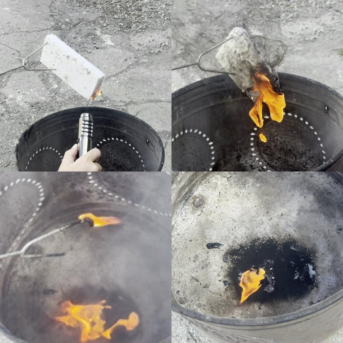 香港01記者實測,發泡膠燃燒迅速且持續4分37秒。(圖/香港01)