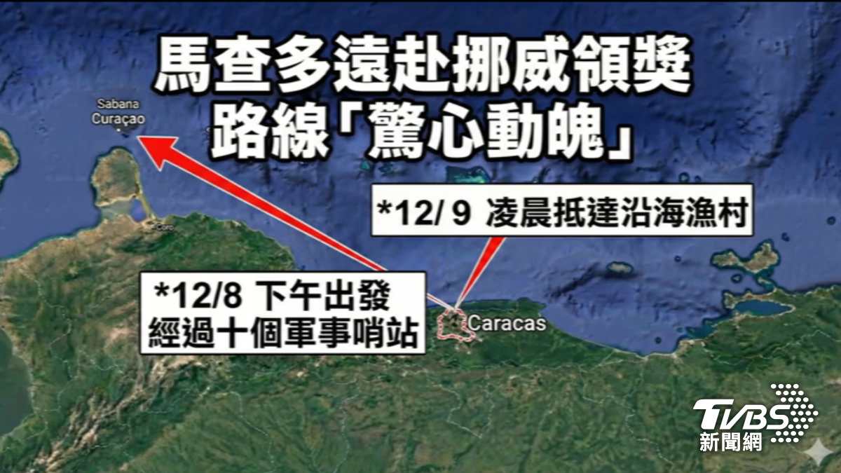 《華爾街日報》揭露馬查多戴假髮喬裝,花10小時突破10個軍事哨站逃離,之後驚險橫渡加勒比海。(圖/TVBS)