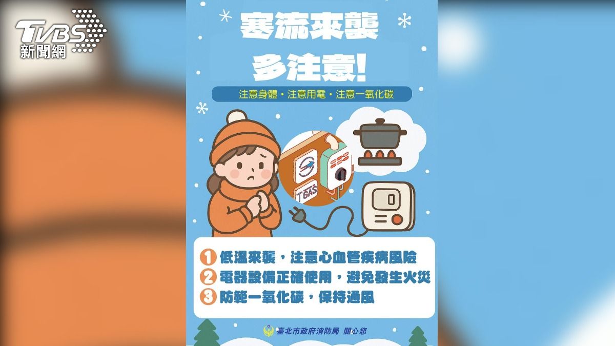 民眾遇到低溫來襲應注意3項情況以保安全。（圖／台北市消防局）