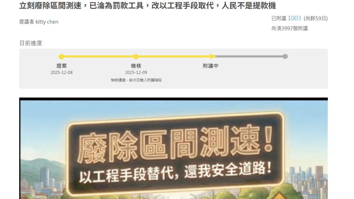 提案已經破千人附議，要求廢除區間測速。（圖／翻攝自公共政策參與平台）