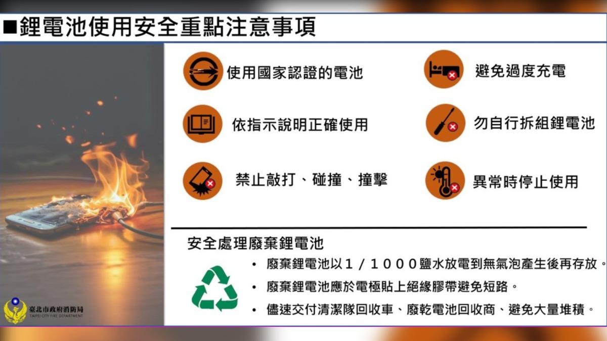 台北市消防局給出鋰電池使用時應注意事項。（圖／翻攝自台北市消防局）