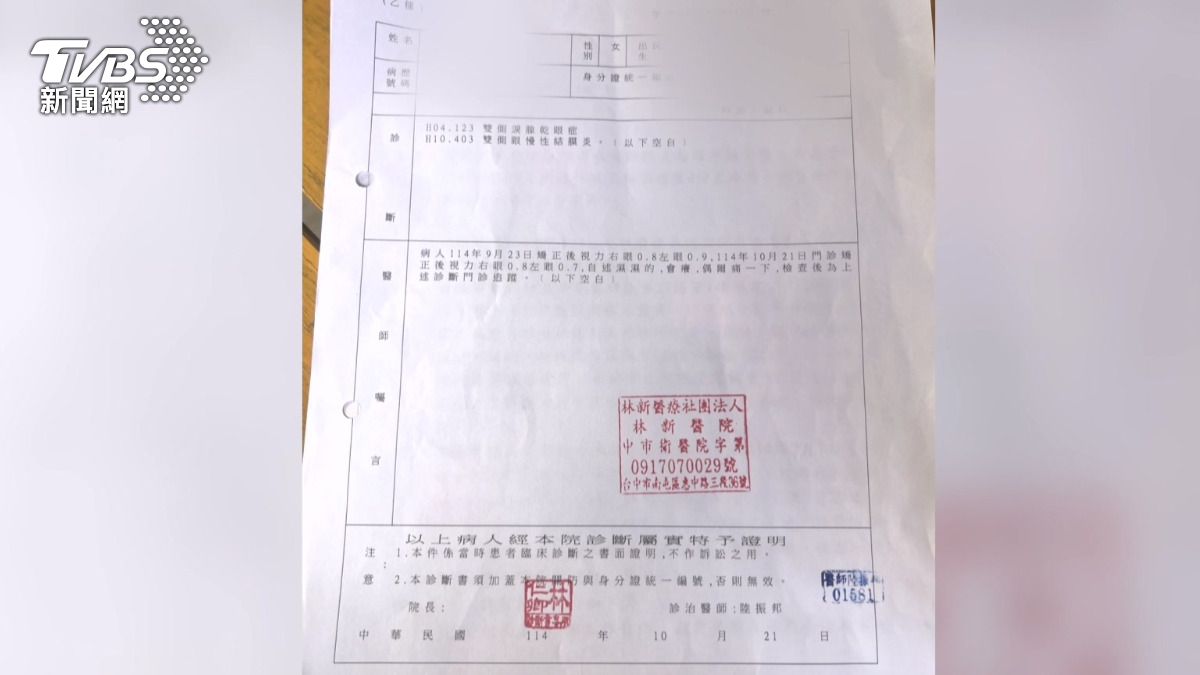 術後問題嚴重影響她的生活,她前往其他醫院就診後,被診斷為乾眼症及慢性結膜炎。(圖/TVBS)