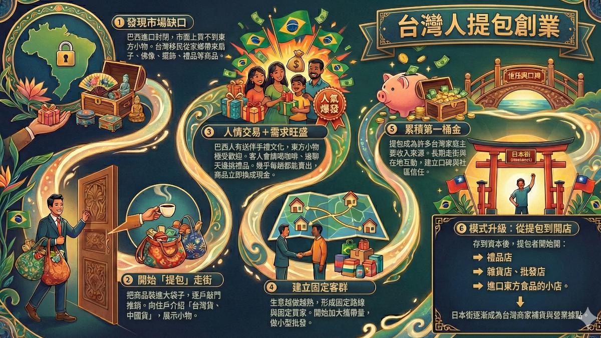 早年台商到巴西,靠著提包創業累積財富。(圖/AI生成資訊圖表)