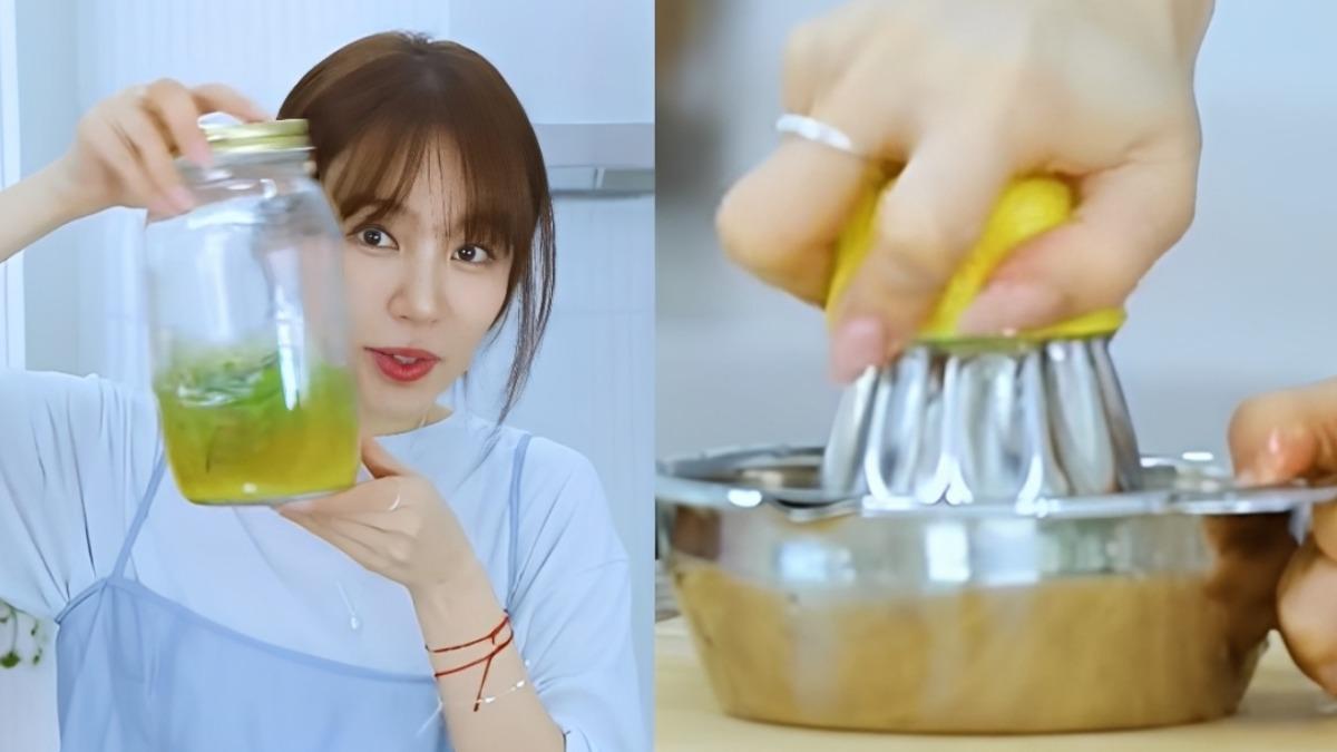 抗老秘訣 1:自製檸檬氣泡水,補水又養膚。(圖/ 翻攝自YT@윤은혜의 EUNHYELOGIN)
