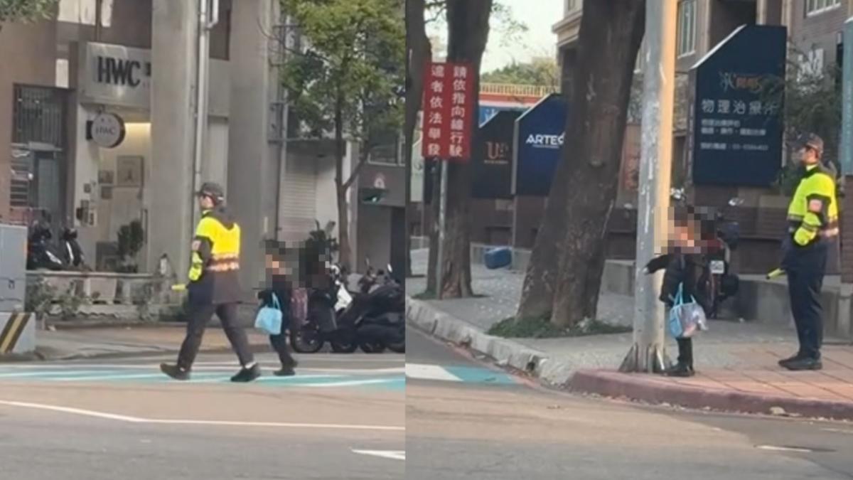 男童要過馬路，員警擔心發生危險一路護送。（圖／Threads @___.gladys）