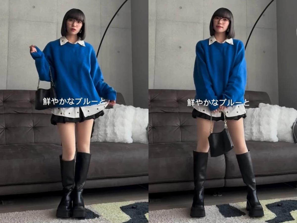 日妞穿搭會在針織上衣裡搭配白色襯衫，下身則選擇花苞裙。（圖／翻攝自IG@juno1511）