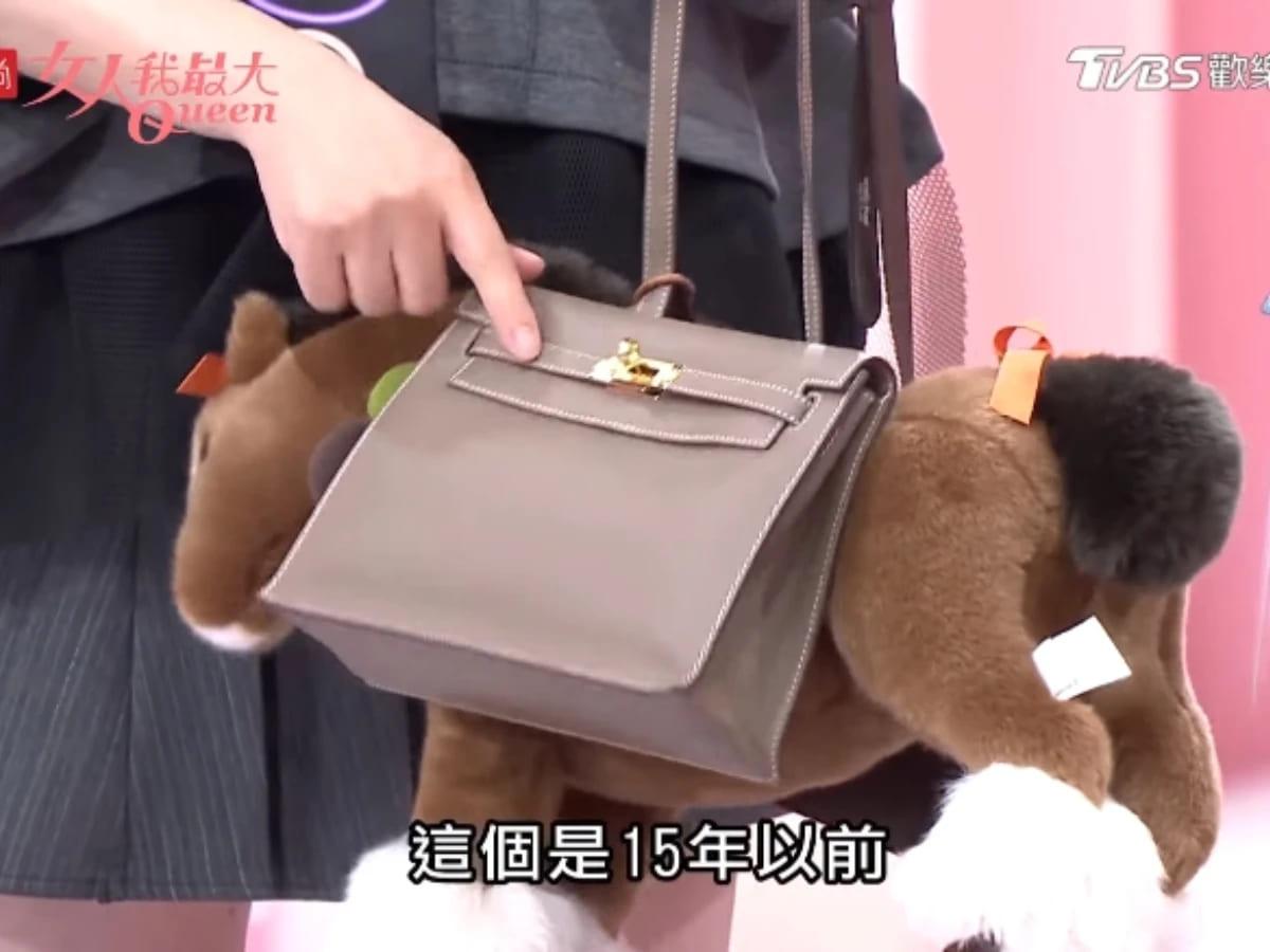 藍心湄將兩個包包掛在小馬的兩側、纏繞固定,編成獨創的揹法。(圖/翻攝自YouTube@女人我最大)